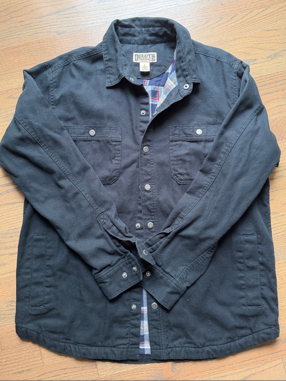 Duluth Trading Co Men's Black Shirt Jacket with Plaid Lining